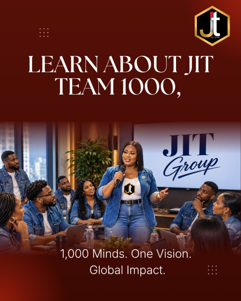 Event poster introducing JIT Team 1000 and its shared vision for global impact.